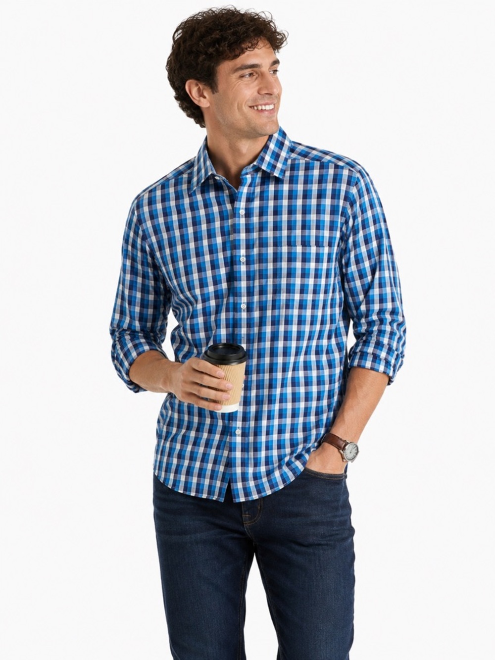 IZOD Blue Plaid Regular Fit Twill Long Sleeve Casual Button Down Dress Size 15